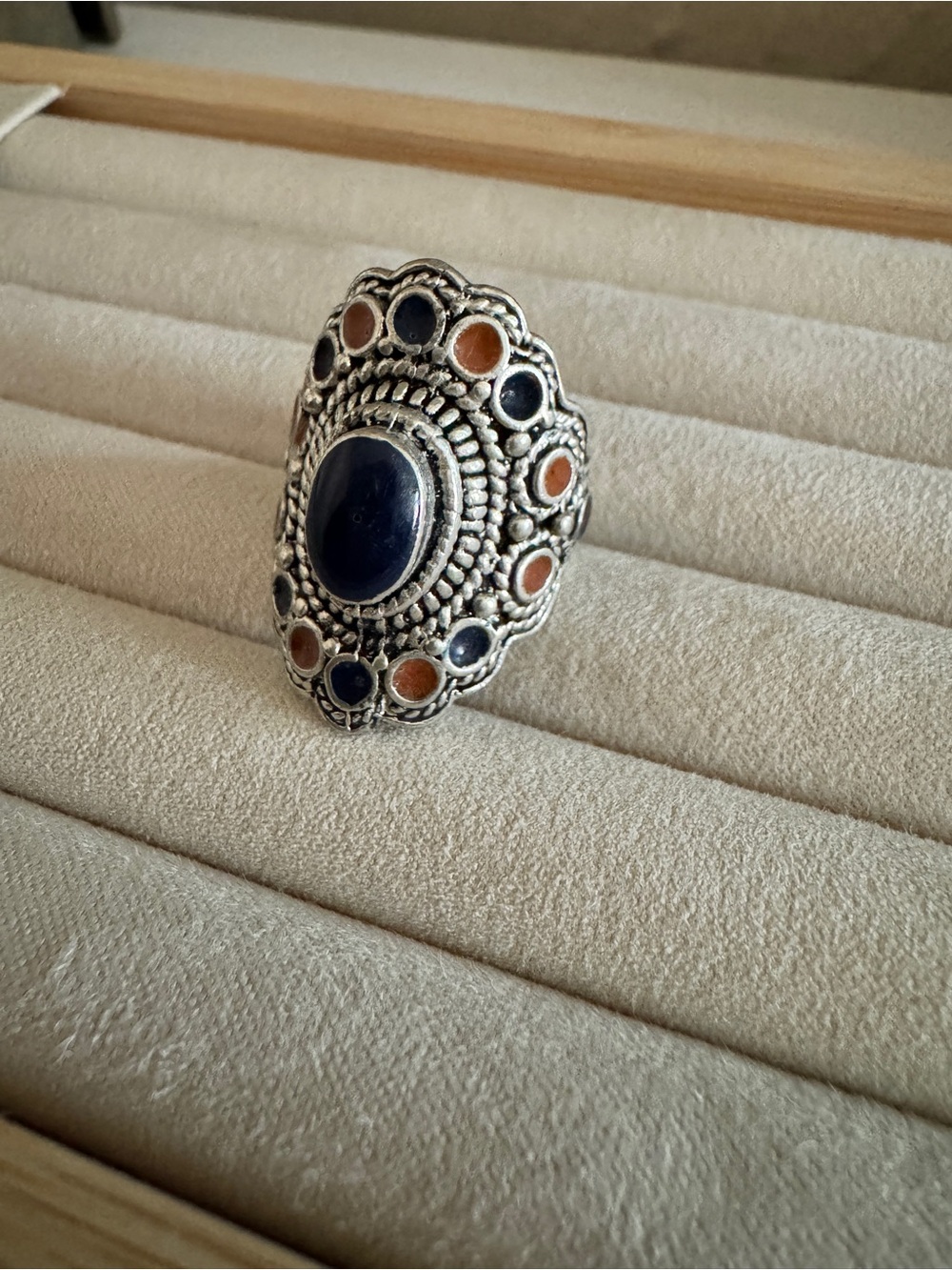 Boho Silver Tone Statement Ring Black & Amber Cabochon Style